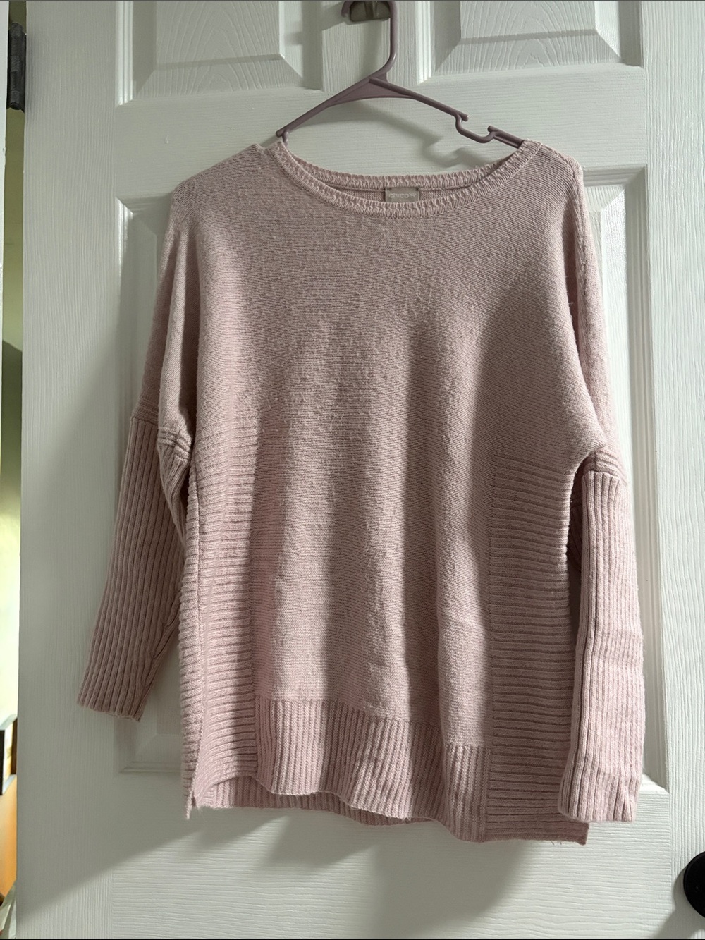 Chico's Blush Pink Crewneck Rib-Panel Sweater